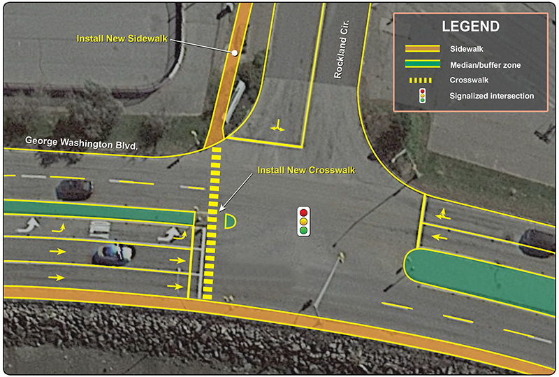 Figure 4: Alternative 1Long-term Alternative 1 is illustrated on an aerial image of the study intersection. Important elements of the design include a crosswalk across the northern leg of George Washington and a new sidewalk along the northern side of Rockland Circle.